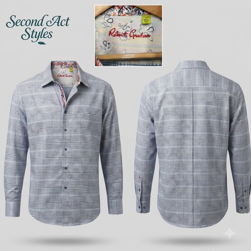 Robert Graham Men 4XL Classic Fit Blue Plaid Jacquard Dobby LS Button Down Shirt